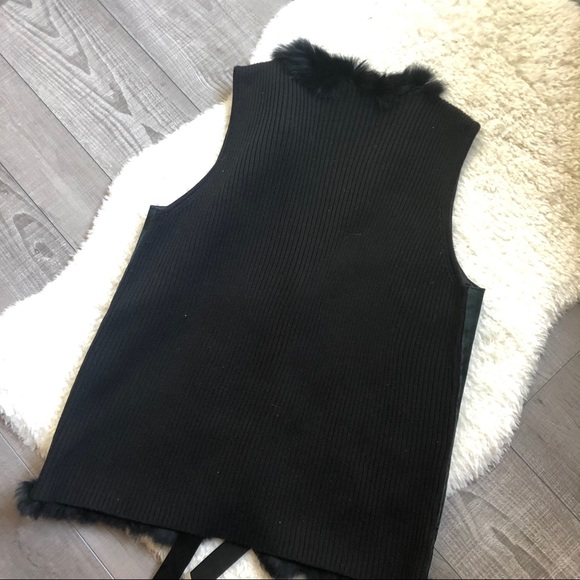 Black Suede Rabbit Fur Vest Large Ribbon Tie Large - Picture 4 of 4